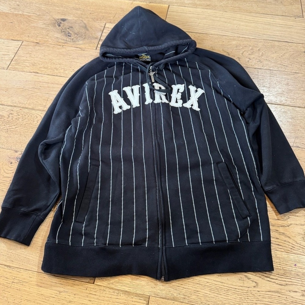 Avirex Mens Pinstripe Full‎ Zip Hoodie Black White Logo Applique XL (1206)